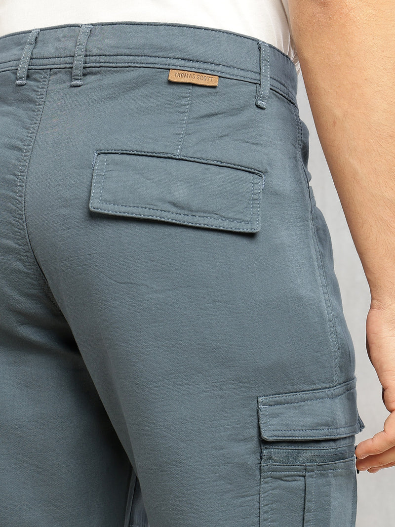 Thomas Scott Men Mid Blue Regular Fit Mid-Rise Solid Woven Utility Cargo Trouser