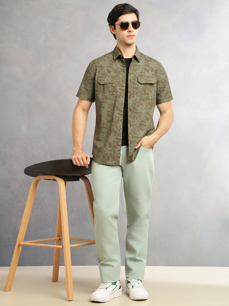 Thomas Scott Men Olive Slim Fit Short Sleeves Floral Printed Two Flap Chest Pockets Pure Cotton Casual Shirt for Men