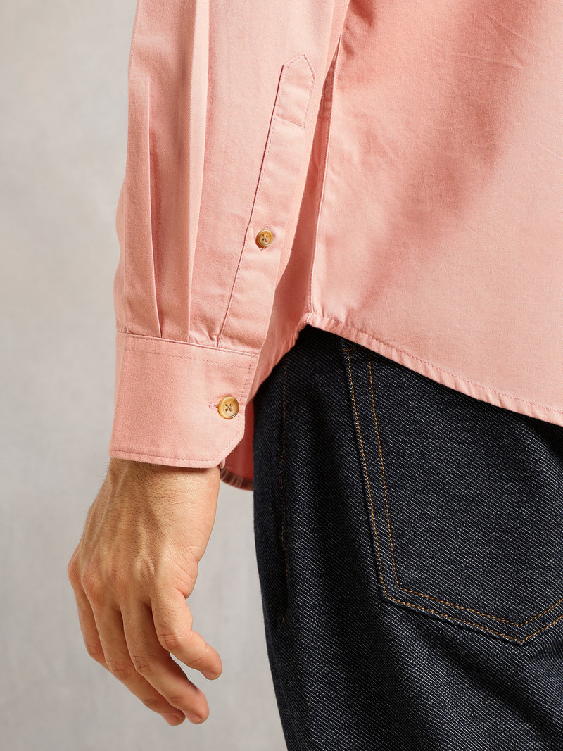 Thomas Scott Men Peach Regular Fit Long Roll-Up Sleeves Spread Collar Solid 100% Cotton Casual Shirt