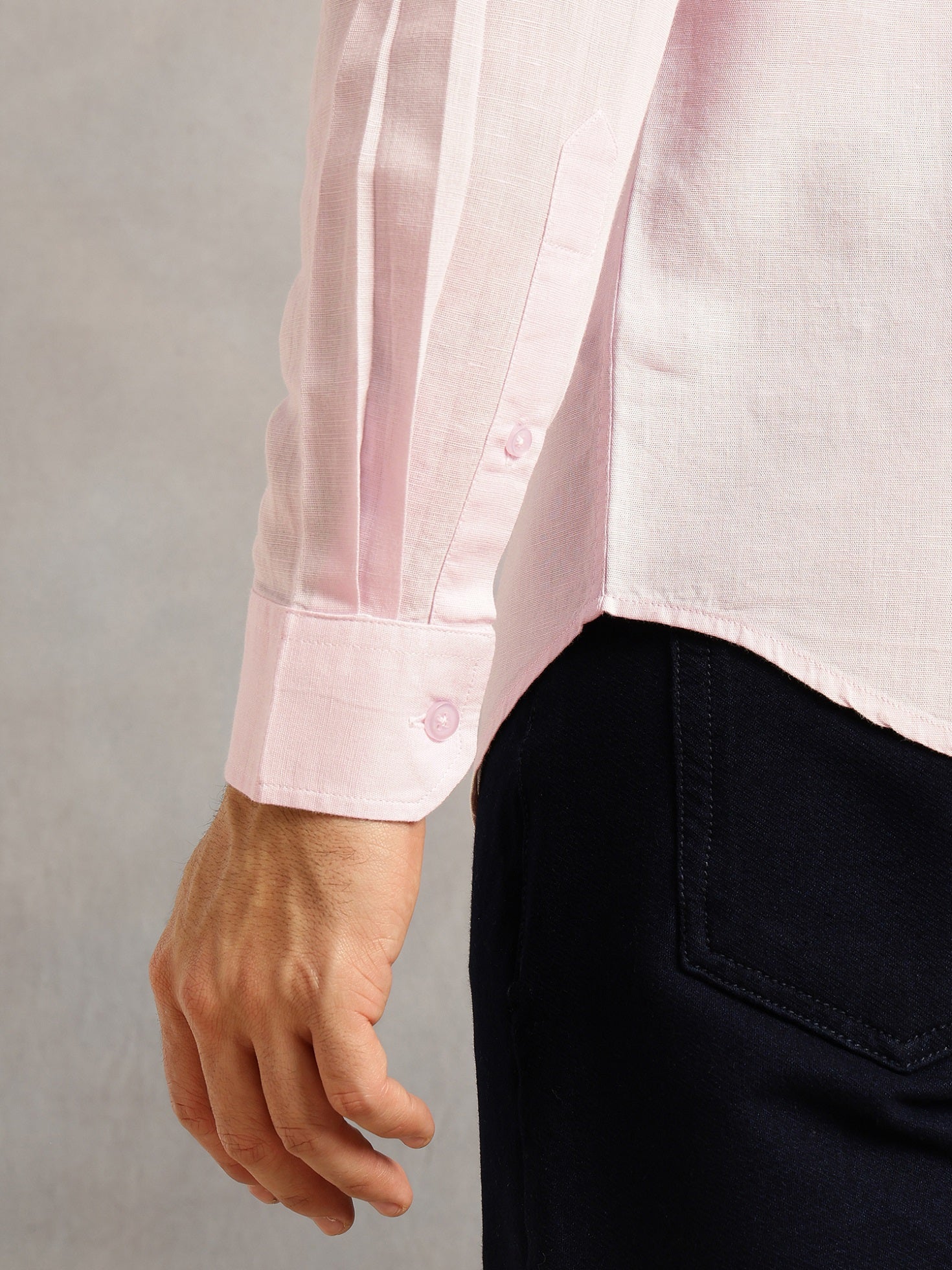 Thomas Scott Men Pink Premium Slim Fit Long Sleeves Mandarin Collar Solid Cotton Linen Casual Shirt