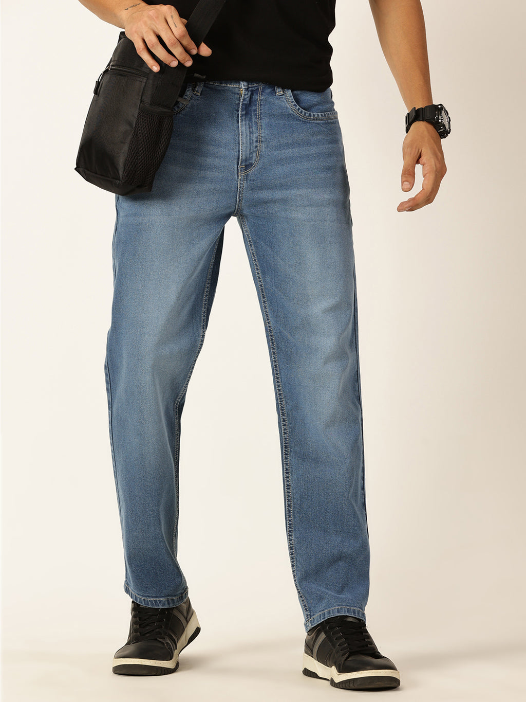 Thomas Scott Men Mid Blue Relaxed Fit Mid-Rise Medium Shade Light Fade Clean Look 5 Pocket Design Stretchable Jeans