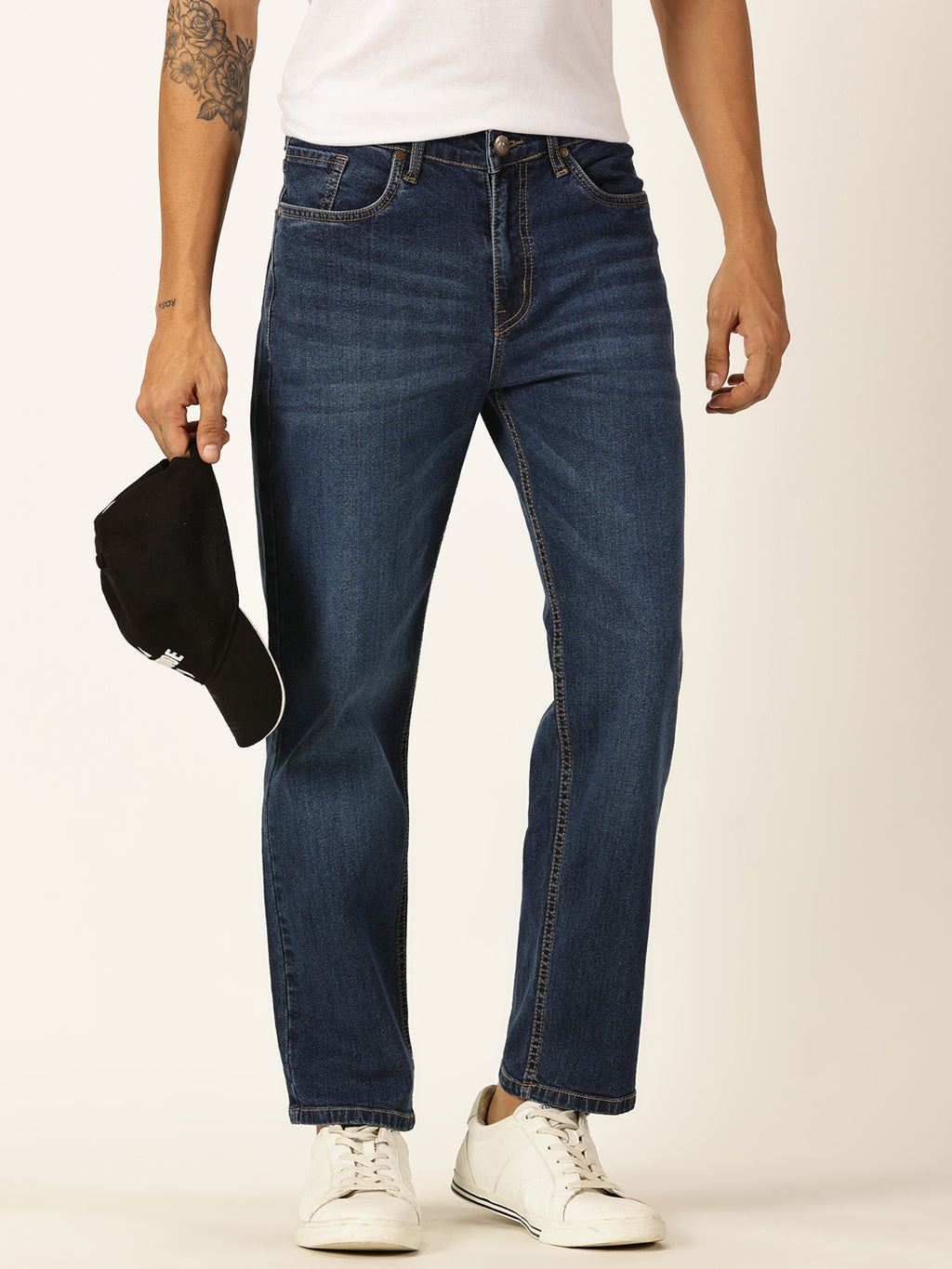Thomas Scott Men Dark Blue Relaxed Fit Mid-Rise Clean Look Medium Shade Light Fade 5 Pocket Design Stretchable Jeans