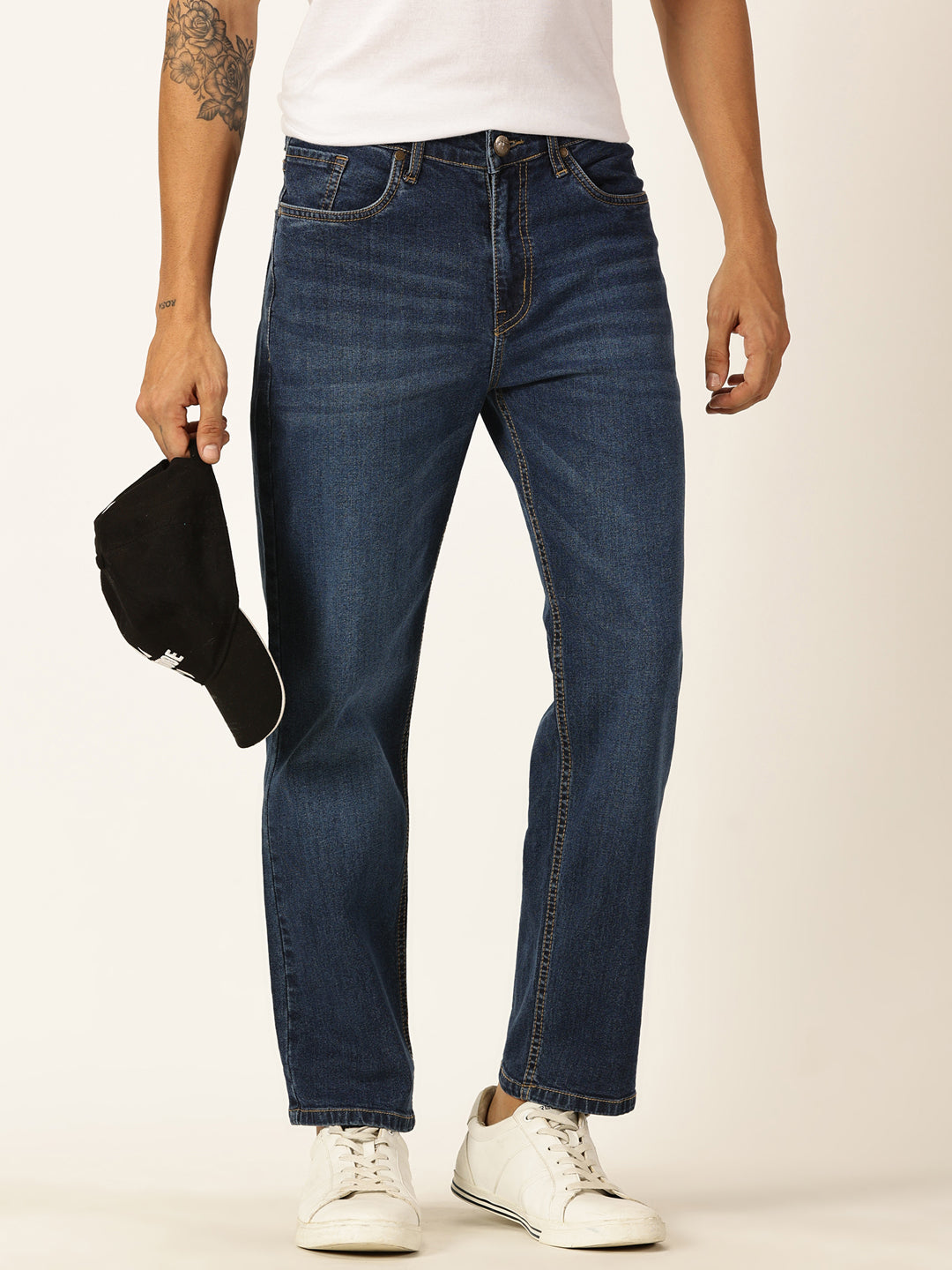 Thomas Scott Men Dark Blue Relaxed Fit Mid-Rise Clean Look Medium Shade Light Fade 5 Pocket Design Stretchable Jeans