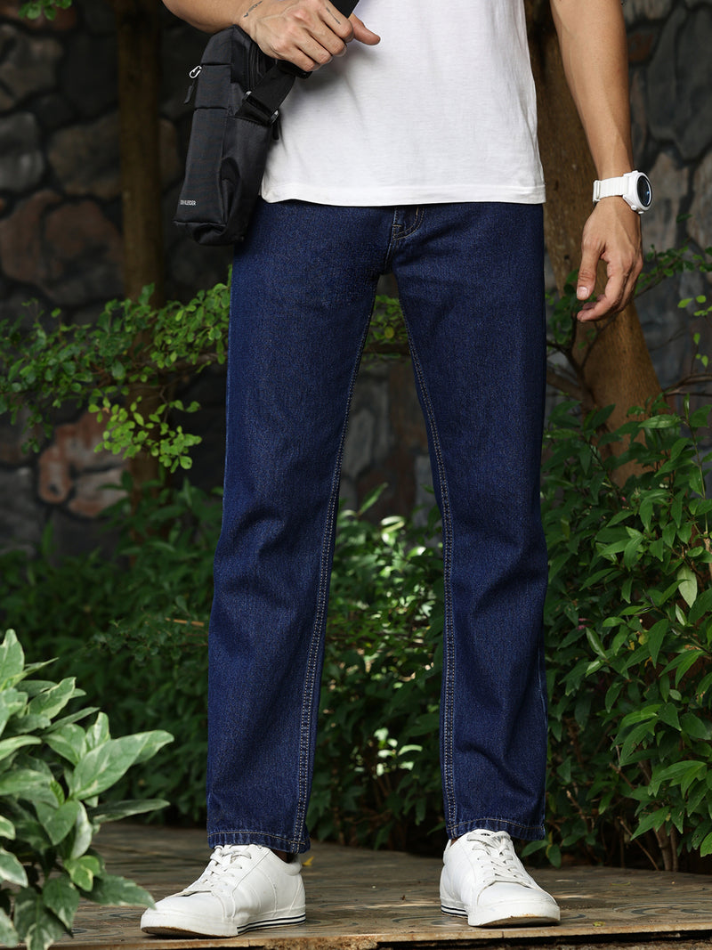 Thomas Scott Men Mid Blue Relaxed Fit Mid-Rise Dark Shade Clean Look 5 Pocket Design Non-Stretchable Jeans