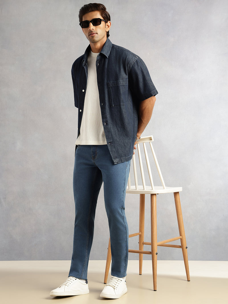 Thomas Scott Men Mid Blue Slim Fit Medium Shade Mid-Rise Clean Look 5 Pocket Design Stretchable Jeans