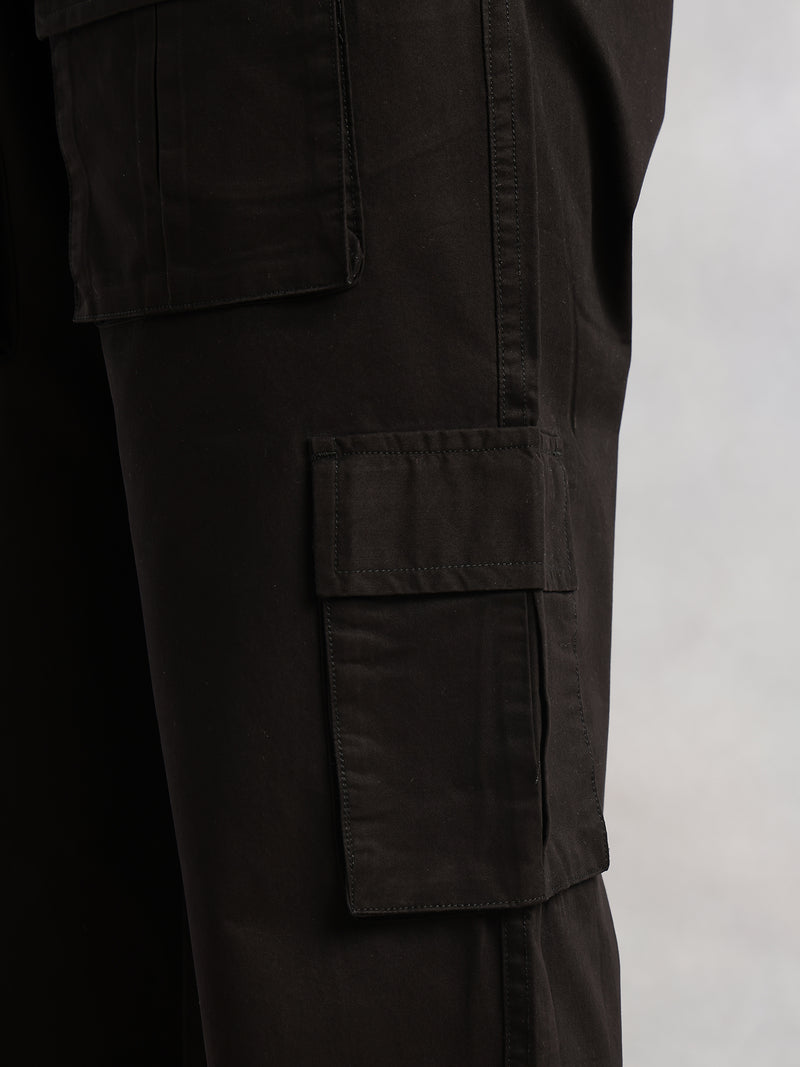 Thomas Scott Men Black Relaxed Loose Fit 100% Cotton Solid Drawstring Closure Woven Cargo Trouser