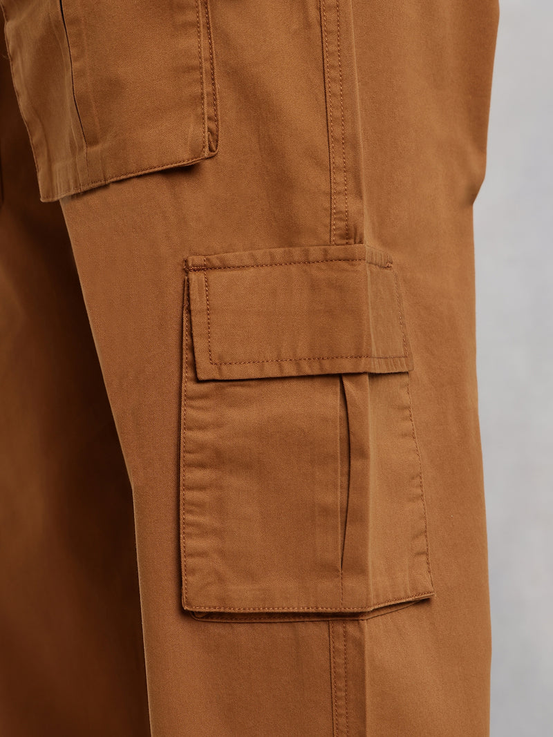 Thomas Scott Men Brown Relaxed Loose Fit 100% Cotton Solid Drawstring Closure Woven Cargo Trouser