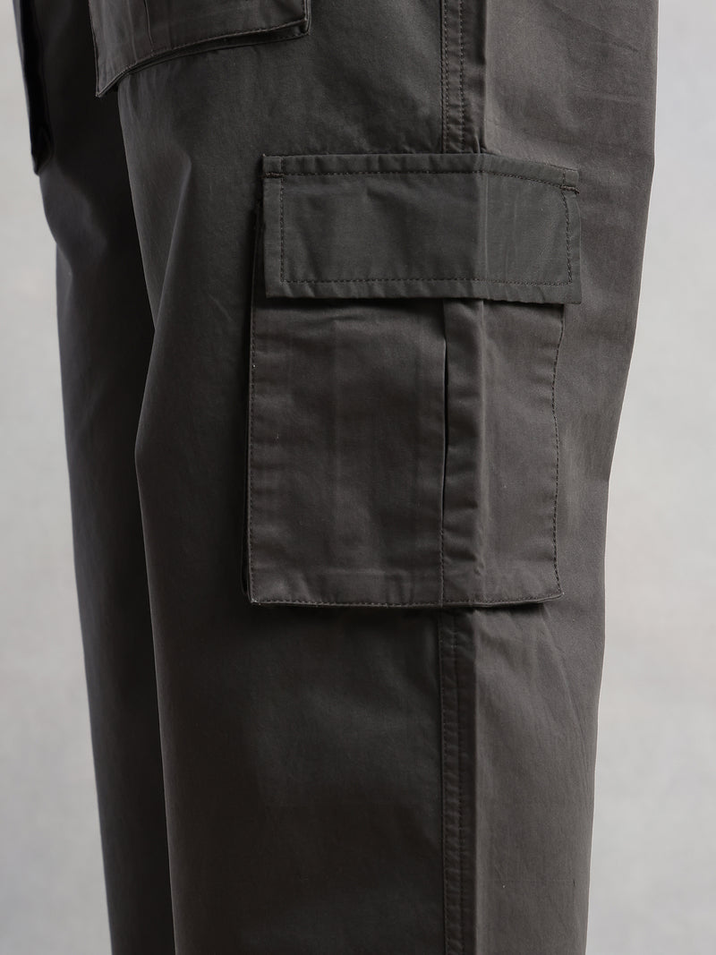 Thomas Scott Men Dark Grey Relaxed Loose Fit 100% Cotton Solid Drawstring Closure Woven Cargo Trouser