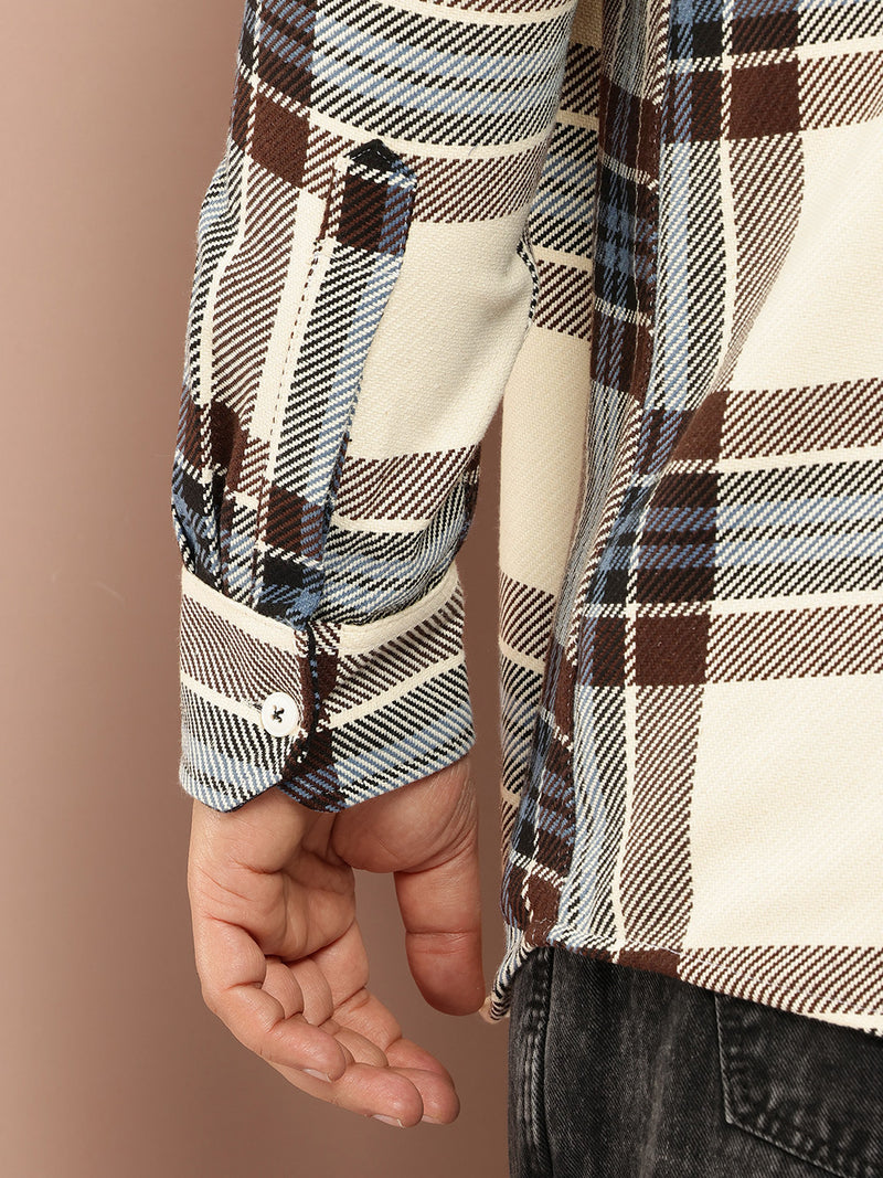 Thomas Scott Men Cream Plus Size Regular Fit Long Sleeves Spread Collar Windowpane Checks 100% Cotton Casual Shirt