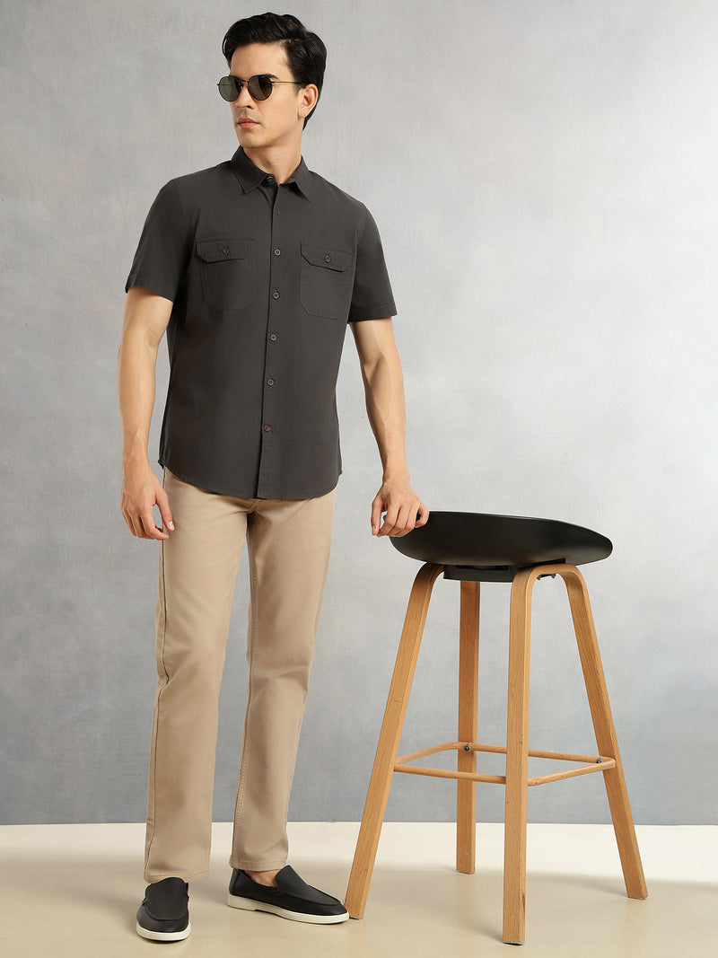 Thomas Scott Men Steel Grey Men Cricket Club Collection Premium Slim Fit Casual Shirt-Dual Flap Pockets With Short Sleeves