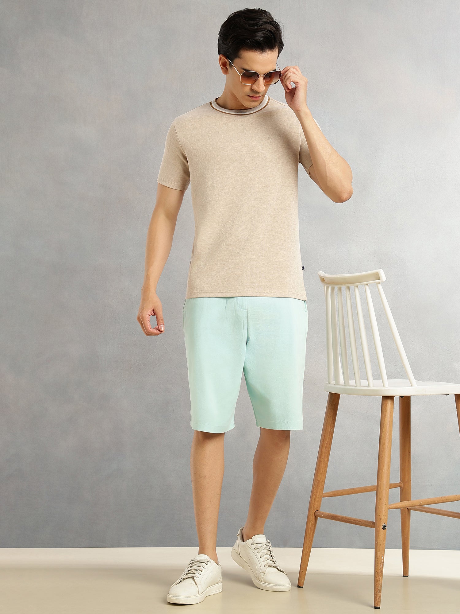 Thomas Scott Men Beige Regular Fit Short Sleeves Round Neck Solid Knitted Tshirt