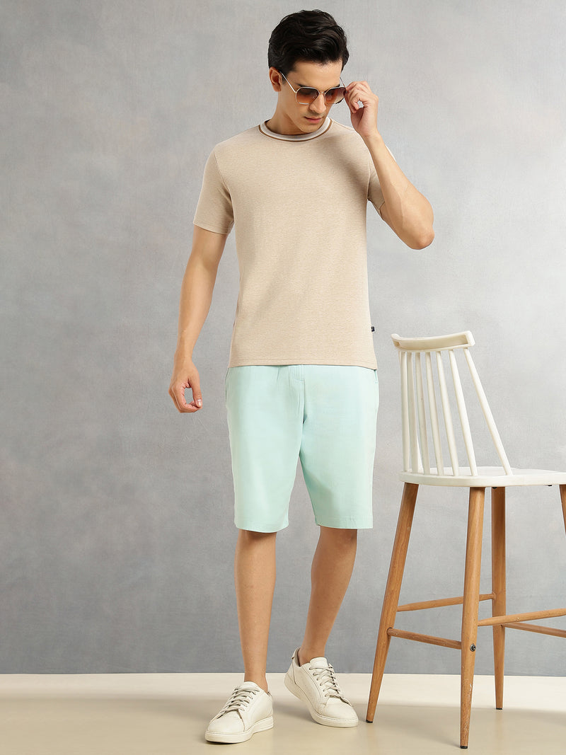 Thomas Scott Men Beige Regular Fit Short Sleeves Round Neck Solid Knitted Tshirt