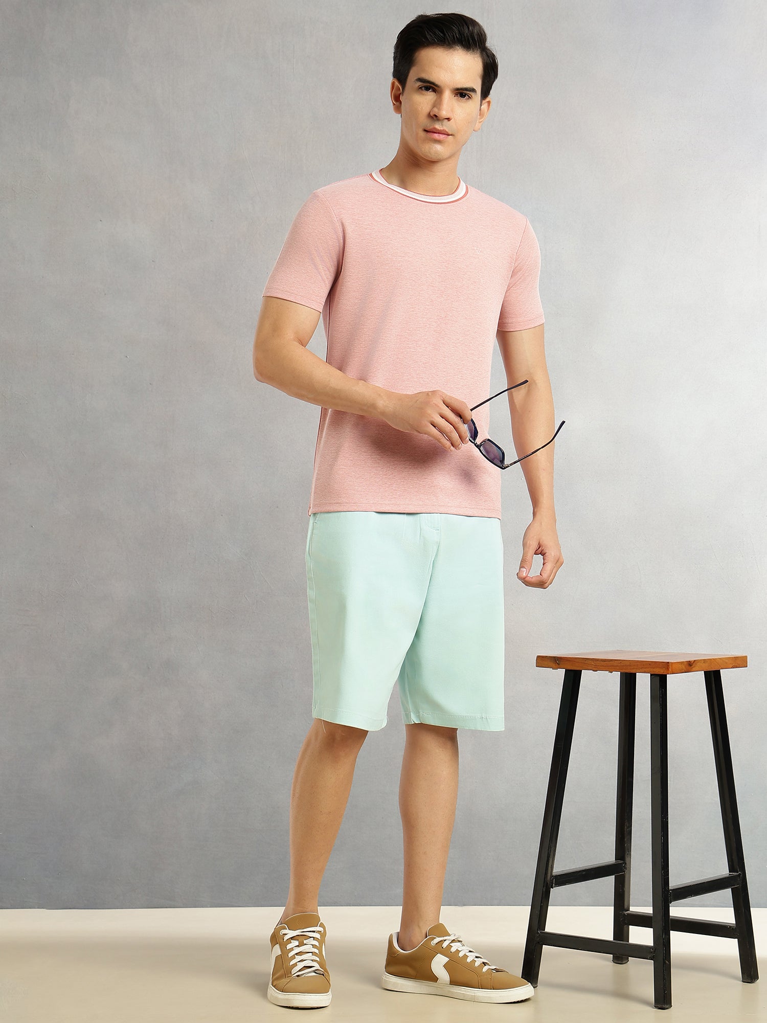 Thomas Scott Men Peach Regular Fit Short Sleeves Round Neck Solid Knitted Tshirt