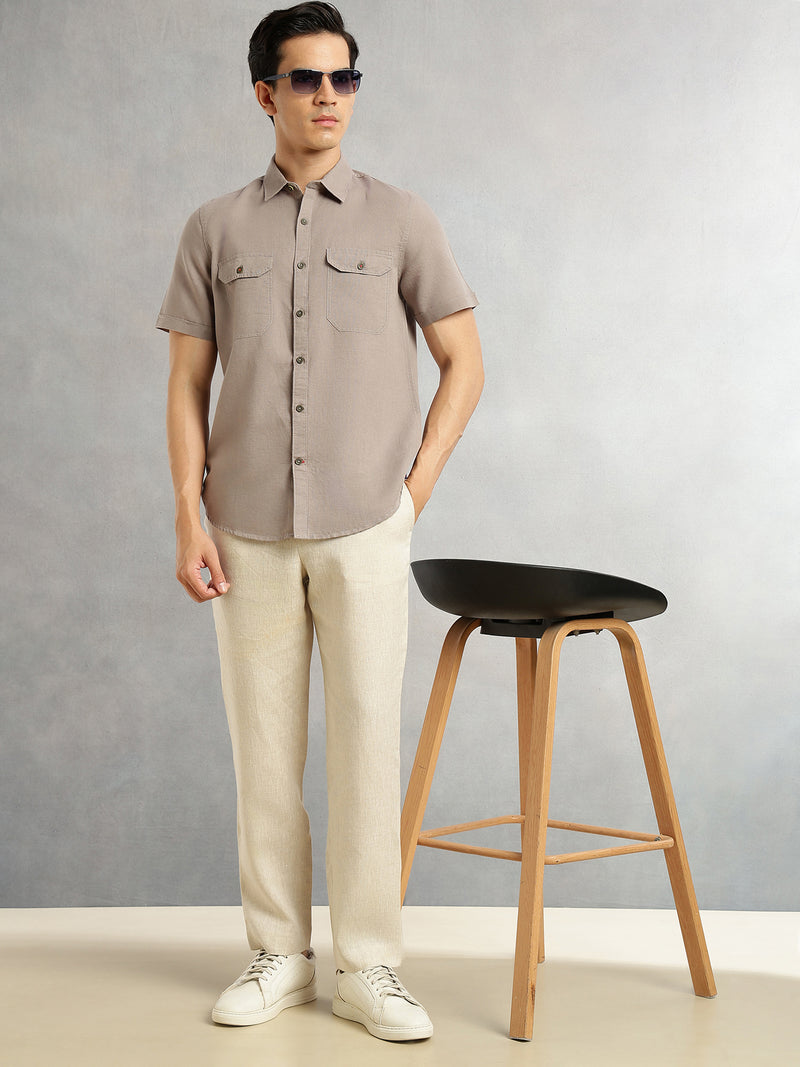 Thomas Scott Men Grey Premium Short Sleeves Slim Fit Spread Collar 2 Flap Pockets Solid Cotton Linen Casual Shirt