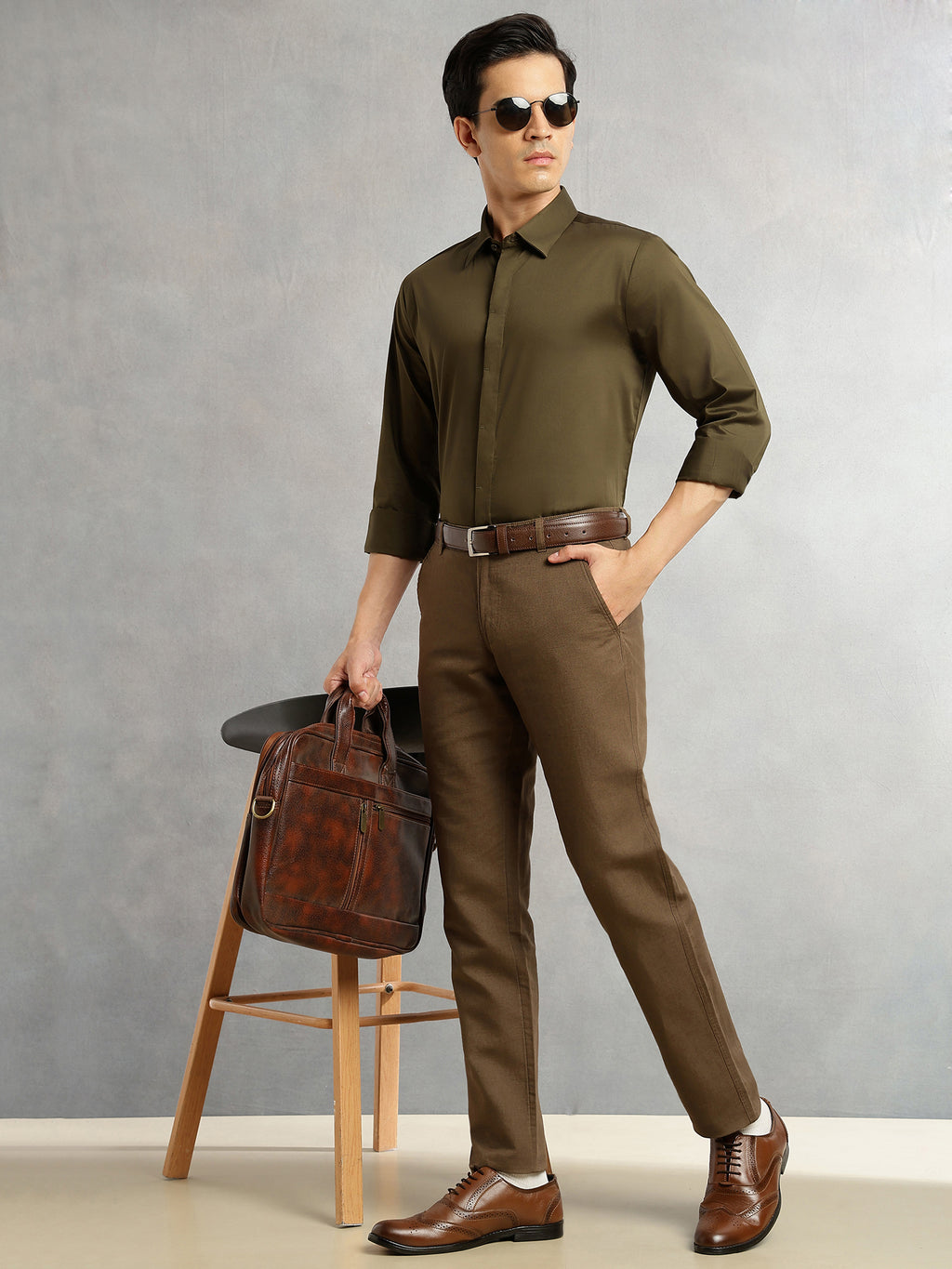 Thomas Scott Men Olive Premium Long Sleeves Regular Fit Spread Collar Solid 100% Cotton Formal Shirt