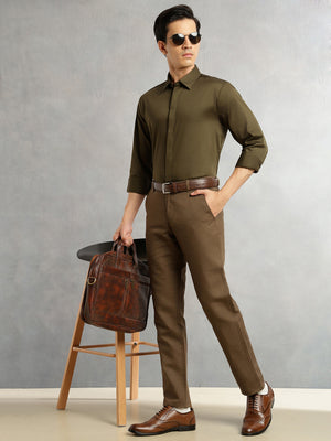 Thomas Scott Men Olive Premium Long Sleeves Regular Fit Spread Collar Solid 100% Cotton Formal Shirt