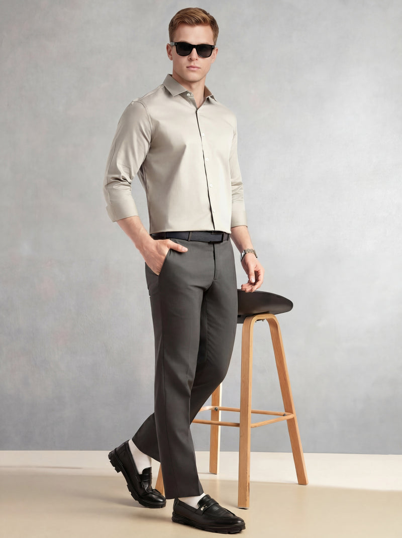Thomas Scott Men Light Grey Regular Fit Long Sleeves Spread Collar Solid 100% Cotton Formal Shirt