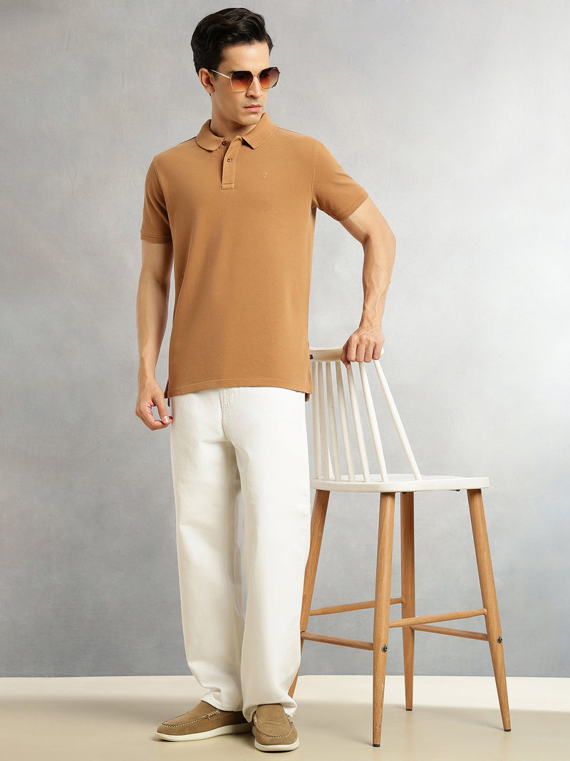 Thomas Scott Men Yellow Short Sleeves Regular Fit Solid 100% Cotton Polo Collar Knitted T-shirt