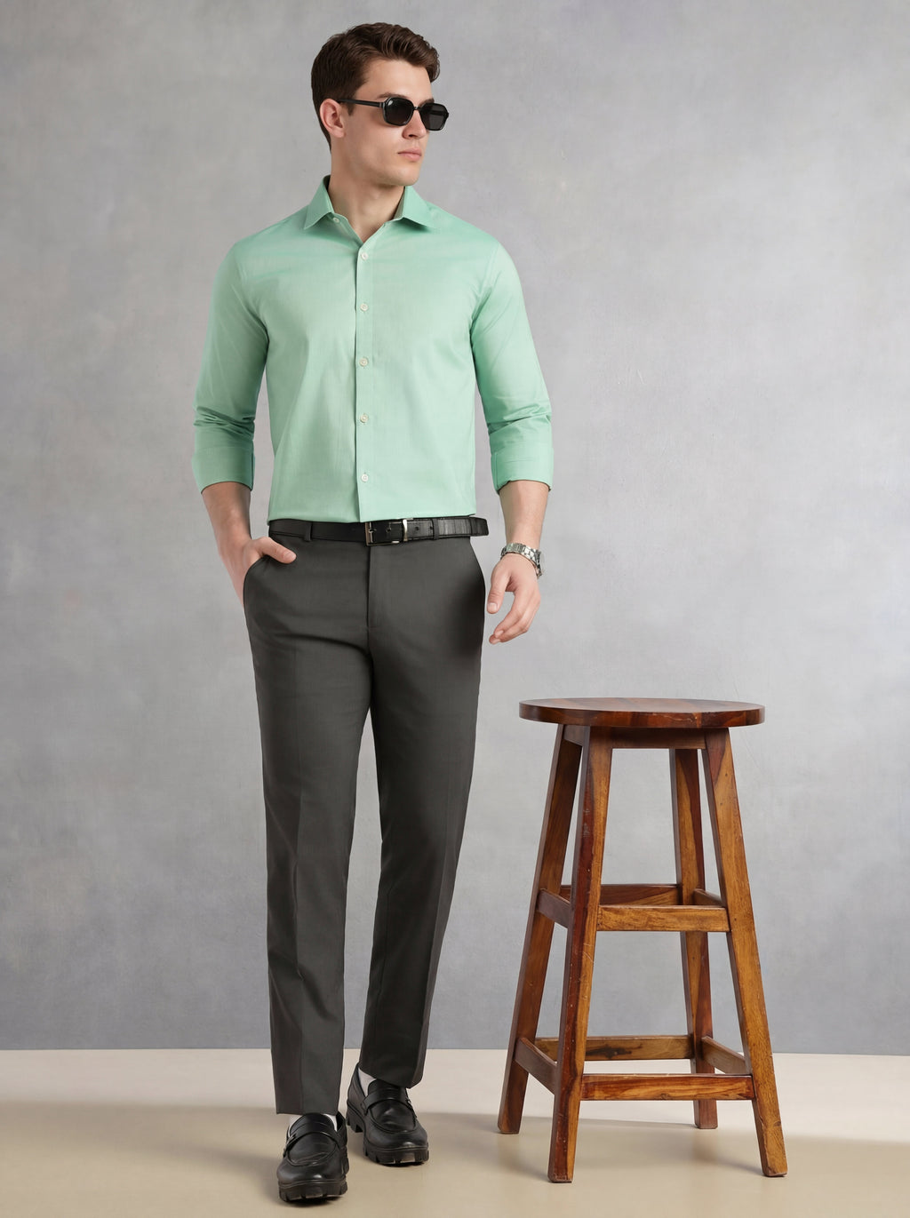 Thomas Scott Men Green Regular Fit Long Sleeves Spread Collar 100% Cotton Oxford Formal Shirt
