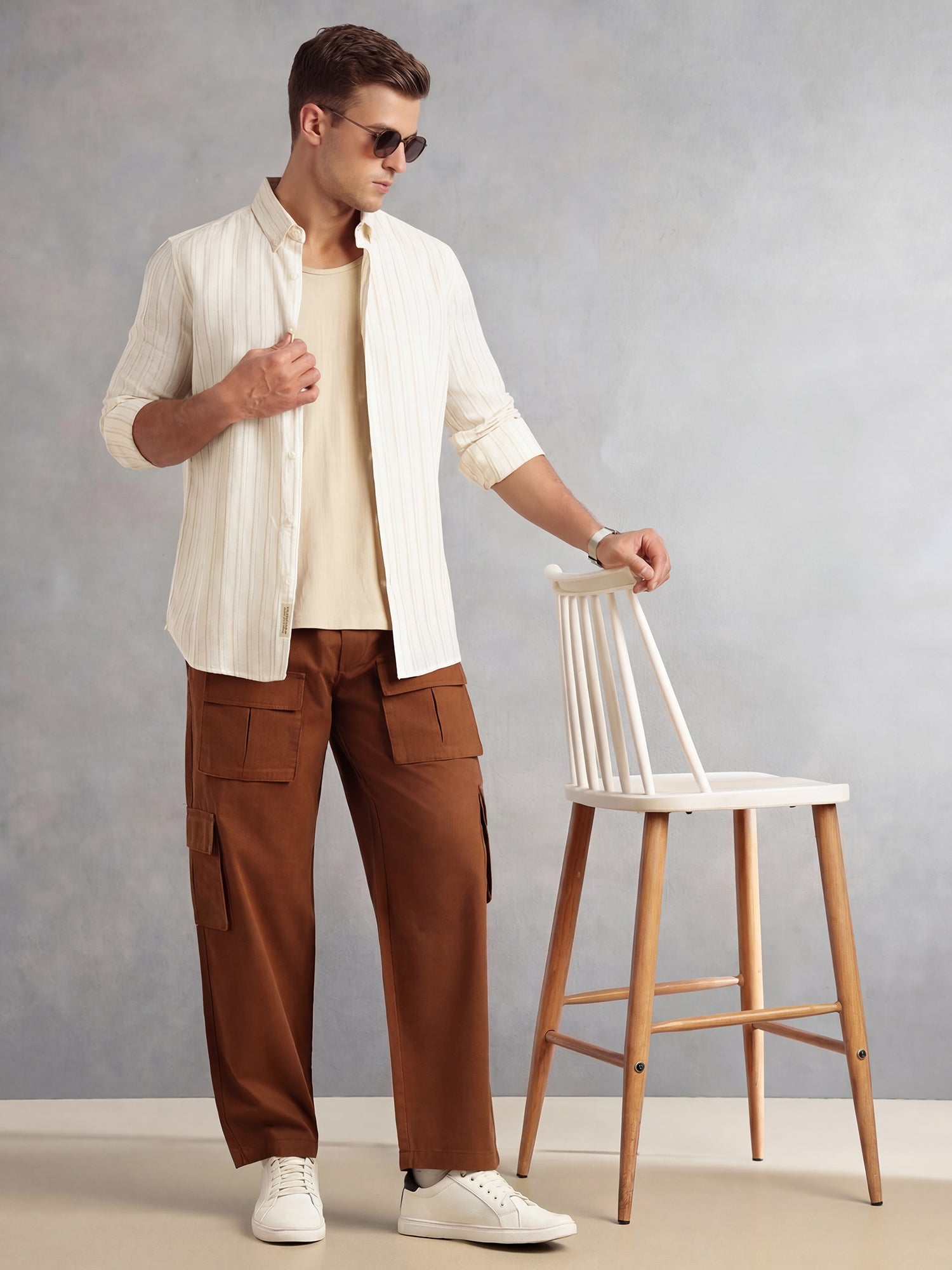 Thomas Scott Men Beige Slim Fit Long Sleeve Button-Down Collar Vertical Striped Linen Casual Shirt