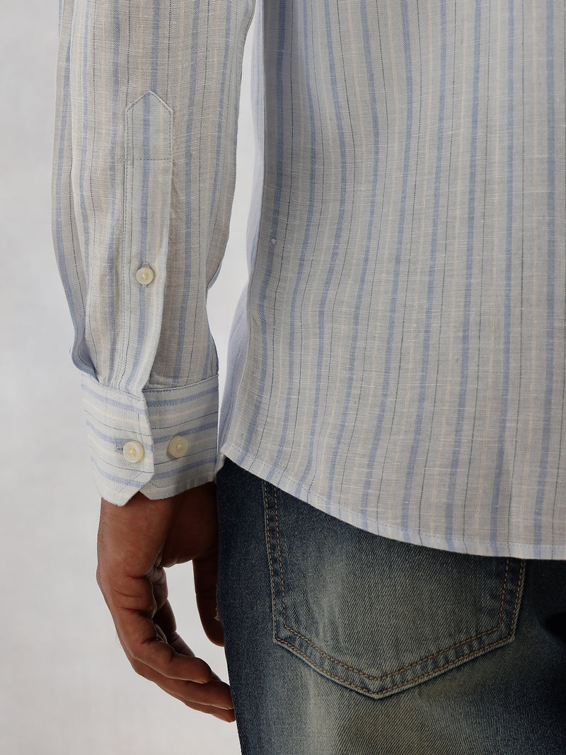 Thomas Scott Men Blue Slim Fit Long Sleeve Button-Down Collar Vertical Striped Linen Casual Shirt