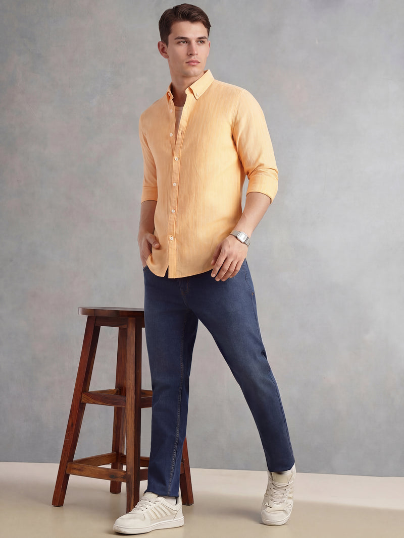 Thomas Scott Men Orange Slim Fit Long Regular Sleeves Vertical Striped Button-Down Collar Linen Casual Shirt