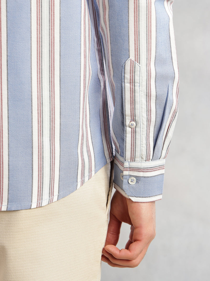 Thomas Scott Men Blue Cricket Club Collection Slim Fit Long Sleeves Button-Down Collar Multi Stripes 100% Cotton Casual Shirt