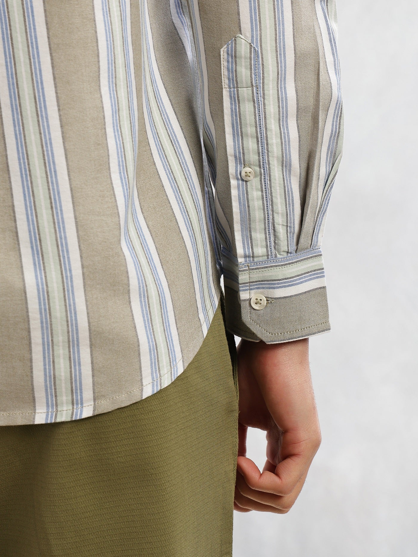 Thomas Scott Men Green Cricket Club Collection Slim Fit Long Sleeves Button-Down Collar Multi Stripes 100% Cotton Casual Shirt