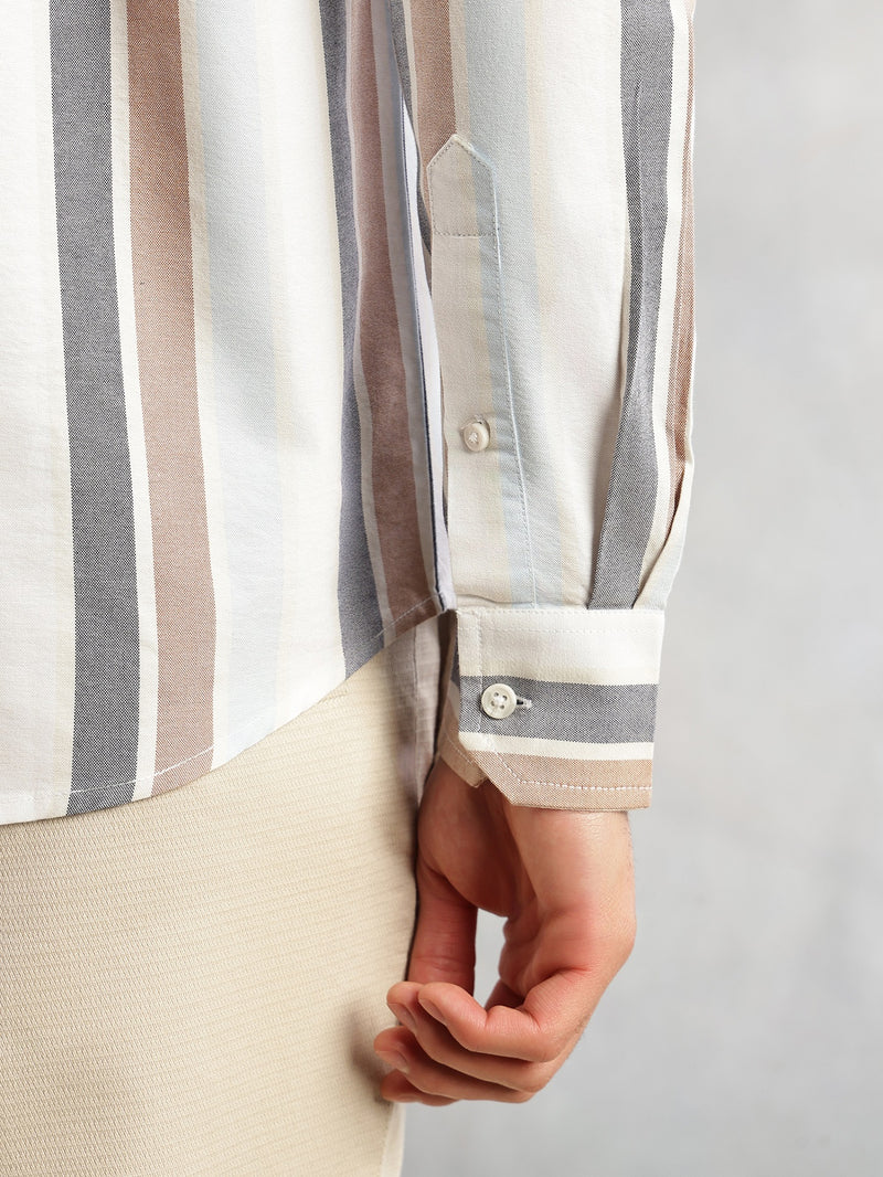 Thomas Scott Men White Cricket Club Collection Slim Fit Long Sleeves Button Down Collar Multi Stripes Oxford Casual Shirt