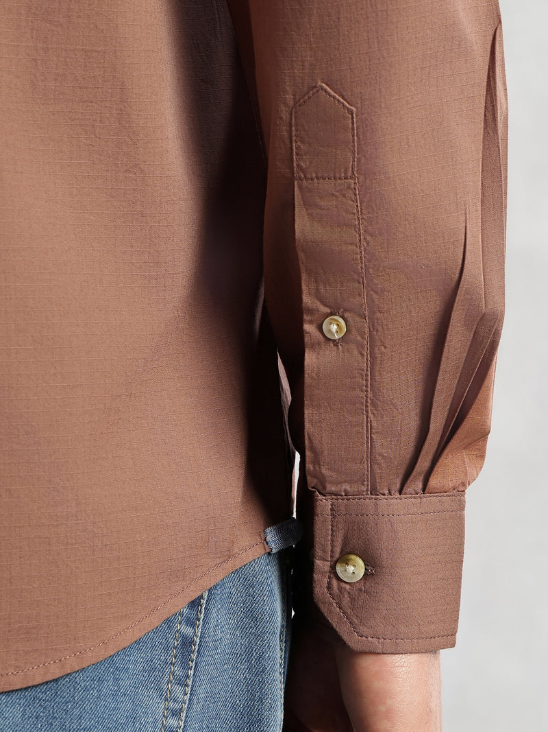 Thomas Scott Men Brown Cricket Club Collection Slim Fit Long Sleeves Spread Collar Solid Cotton Casual Shirt