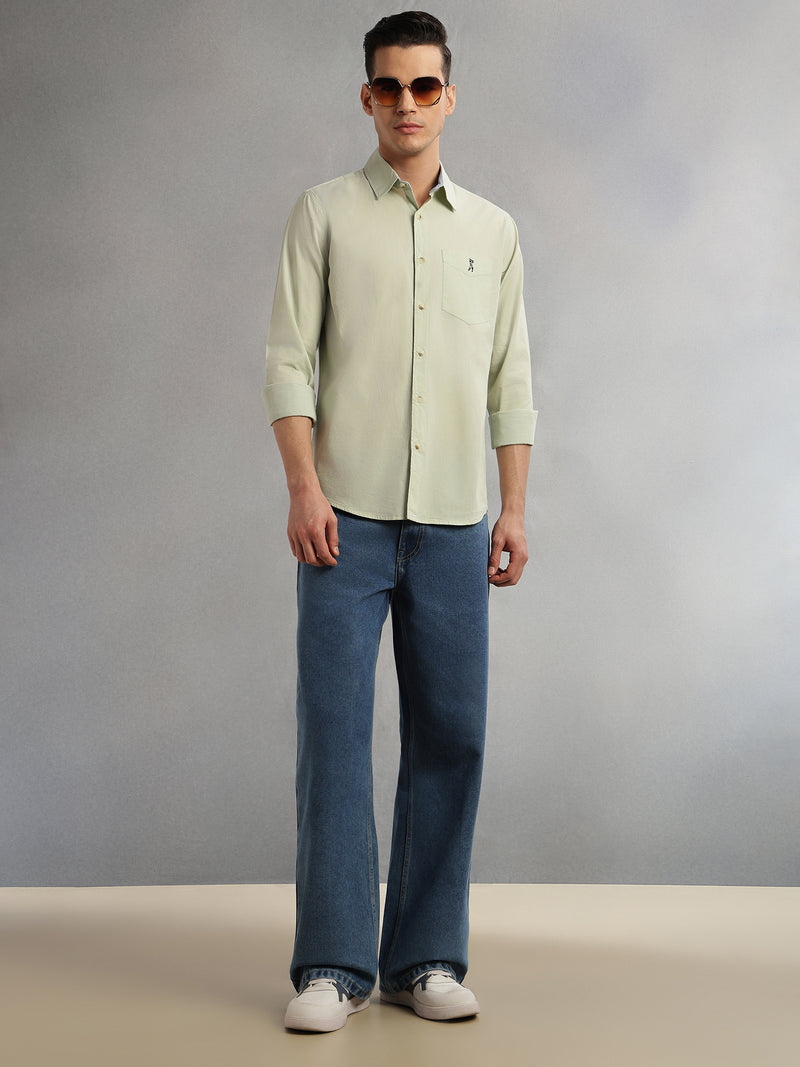 Thomas Scott Men Green Cricket Club Collection Slim Fit Long Sleeves Spread Collar Solid Cotton Casual Shirt