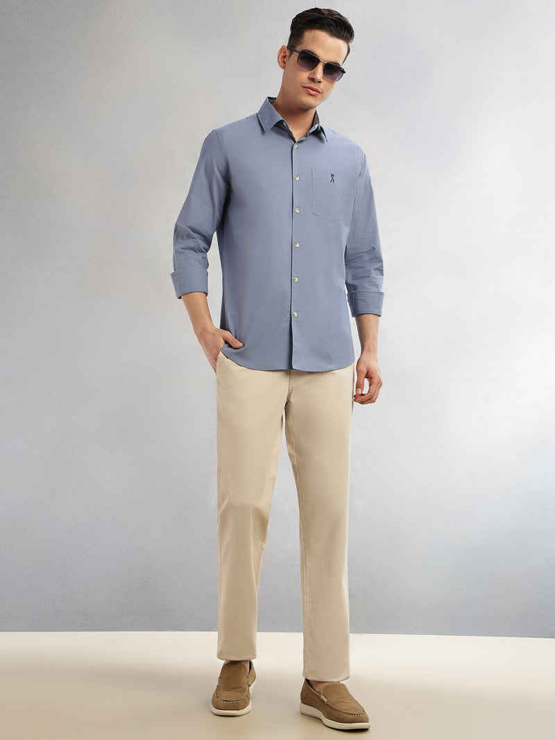 Thomas Scott Men Mid Blue Cricket Club Collection Slim Fit Long Sleeves Spread Collar Solid Cotton Casual Shirt