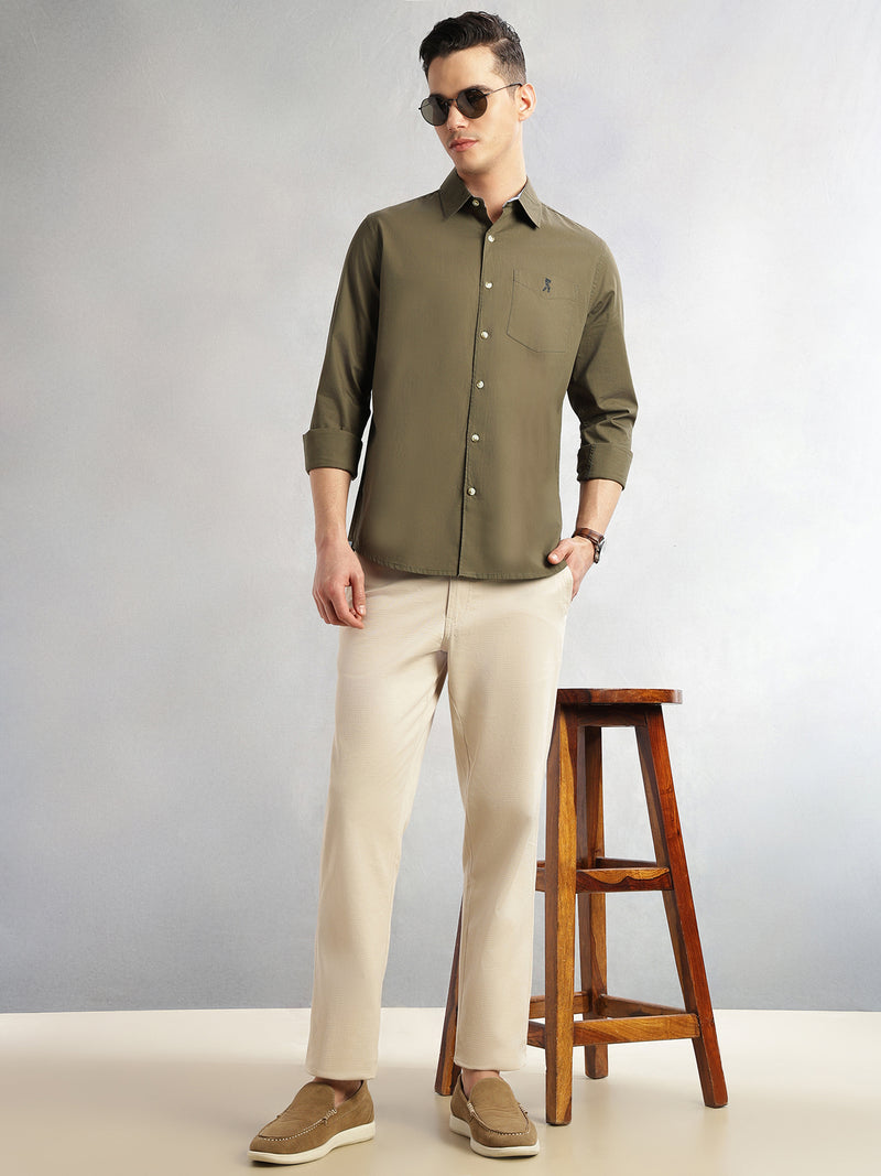Thomas Scott Men Olive Cricket Club Collection Slim Fit Long Sleeves Spread Collar Solid Cotton Casual Shirt