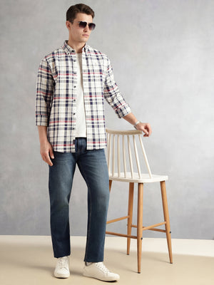 Thomas Scott Men White Cricket Club Collection Slim Fit Long Sleeves Button-Down Collar Cotton Linen Plaid Check Shirt