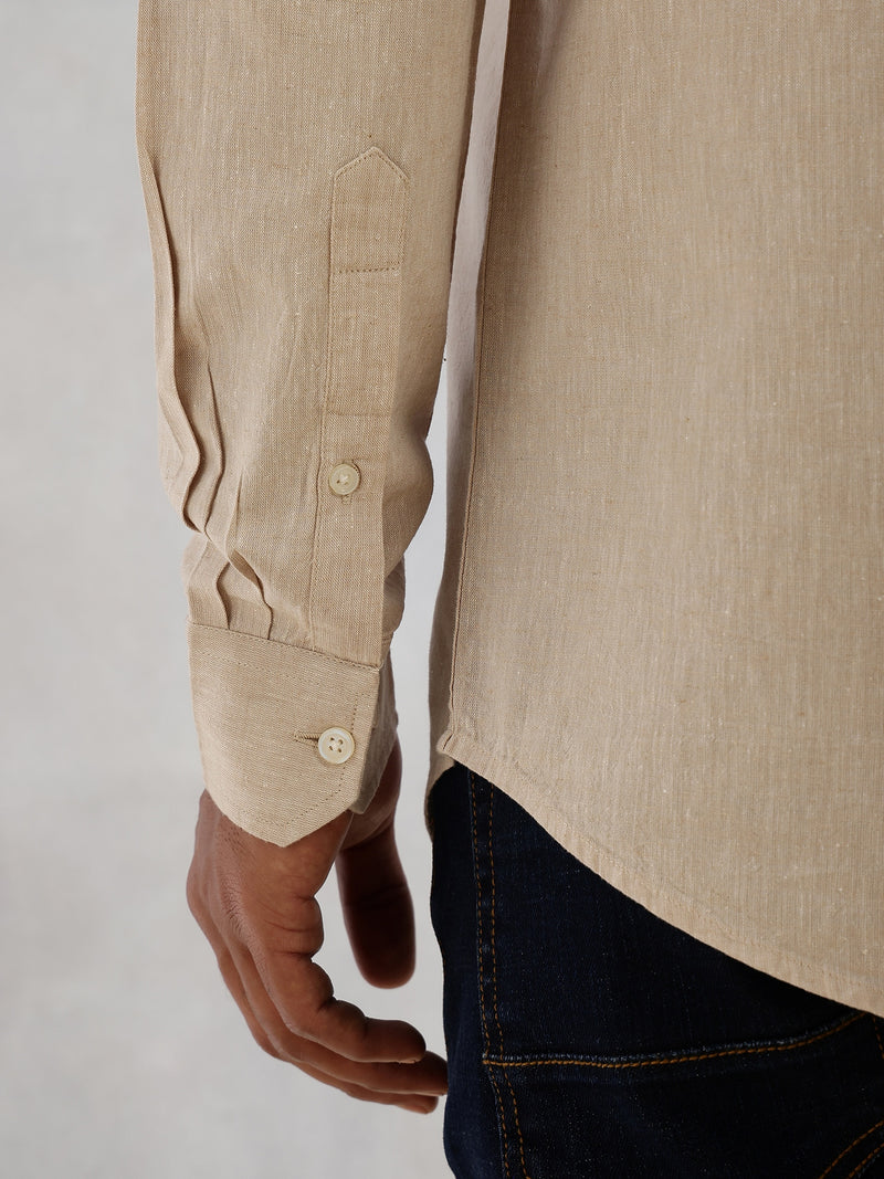 Thomas Scott Men Beige Cricket Club Collection Slim Fit Long Sleeves Spread Collar Solid Cotton Linen Shirt