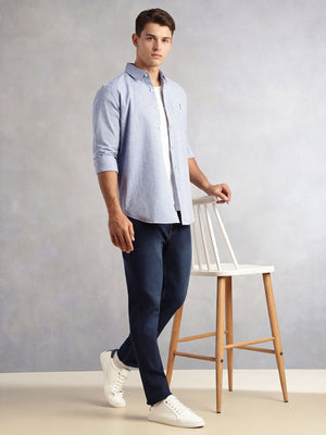 Thomas Scott Men Blue Cricket Club Collection Slim Fit Long Sleeves Spread Collar Solid Cotton Linen Shirt
