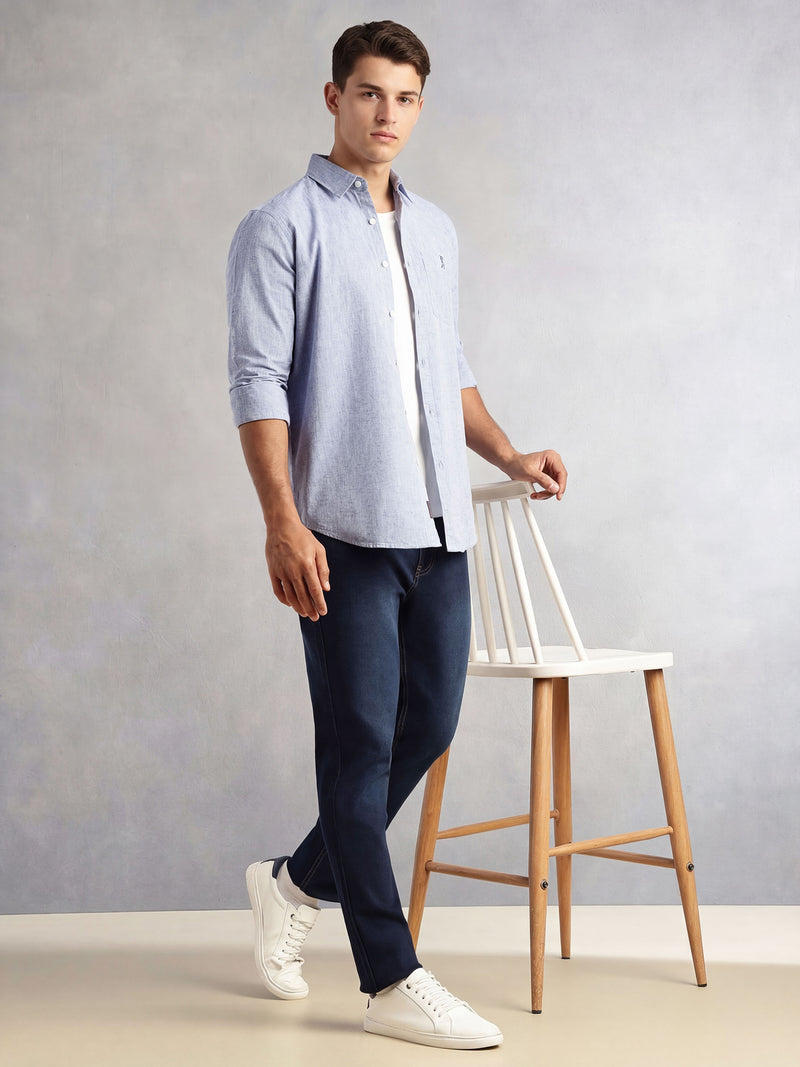 Thomas Scott Men Blue Cricket Club Collection Slim Fit Long Sleeves Spread Collar Solid Cotton Linen Shirt