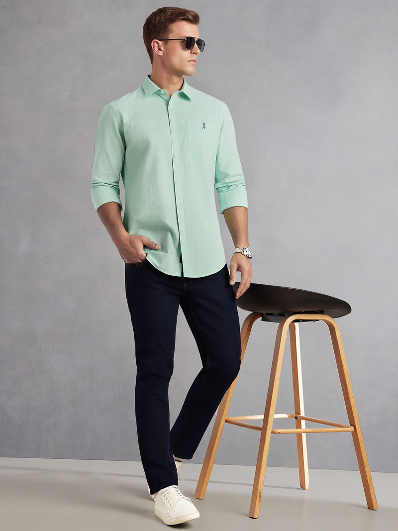 Thomas Scott Men Green Cricket Club Collection Slim Fit Long Sleeves Spread Collar Solid Cotton Linen Shirt