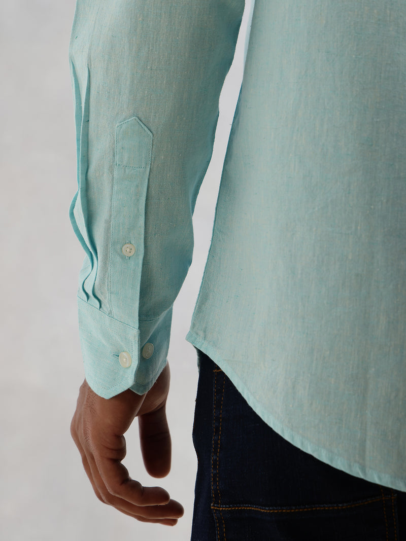 Thomas Scott Men Mint Cricket Club Collection Slim Fit Long Sleeves Spread Collar Solid Cotton Linen Shirt
