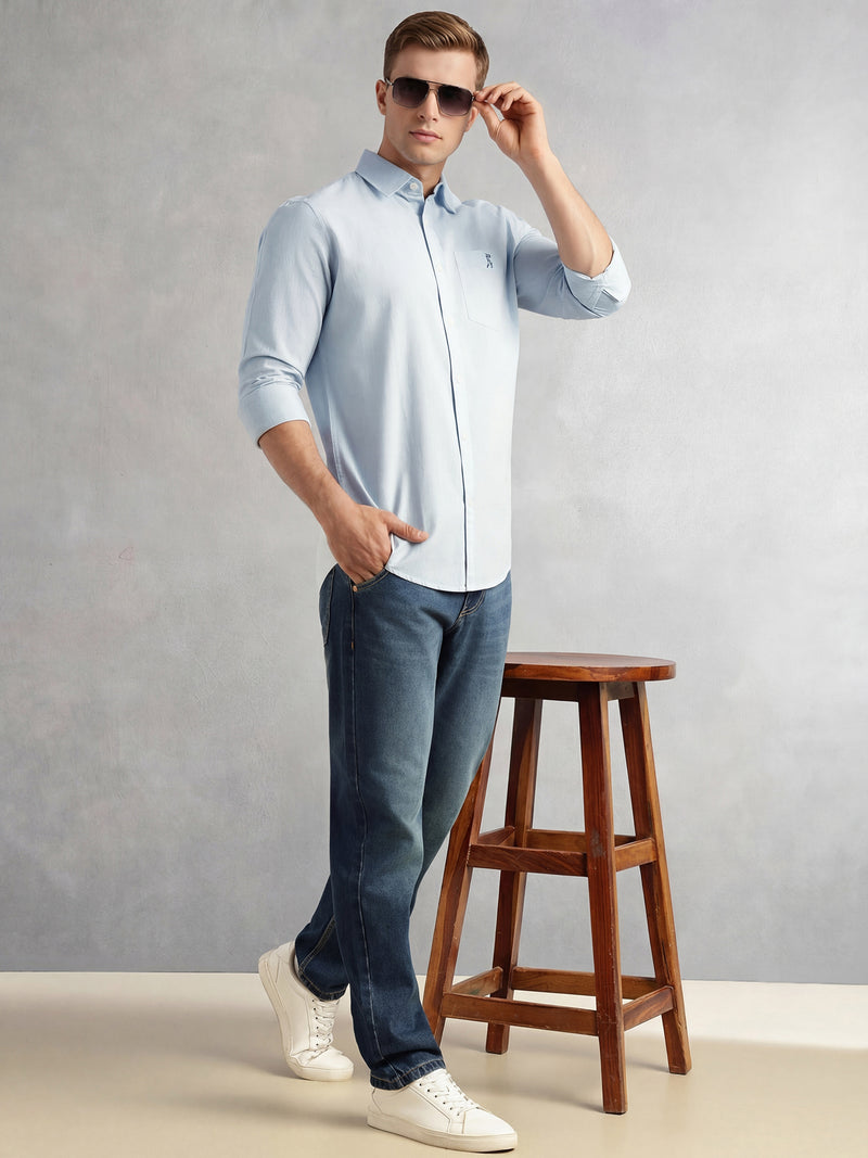 Thomas Scott Men Sky Blue Cricket Club Collection Slim Fit Long Sleeves Spread Collar Solid Cotton Linen Shirt