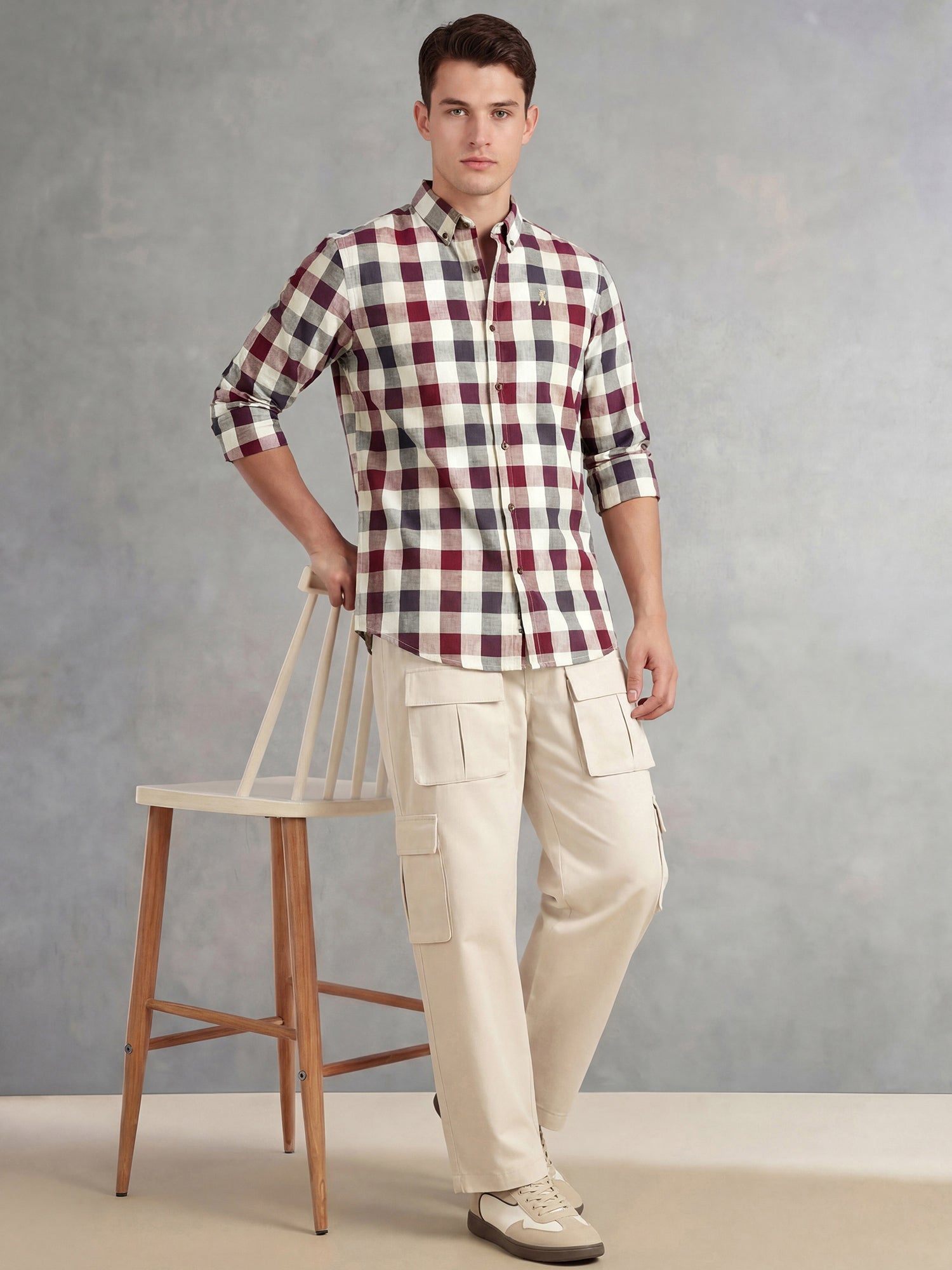 Thomas Scott Men Maroon Cricket Club Collection Long Sleeves Button-Down Collar Cotton Linen Gingham Checks Shirt