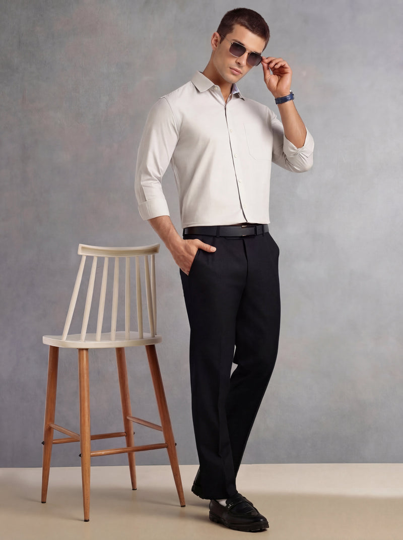 Thomas Scott Men Grey Regular Fit Long Sleeves Spread Collar with Contrast Fabric Solid 100% Cotton Formal Shirt