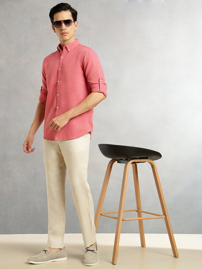 Thomas Scott Men Royal Pink Slim Fit Long Sleeves Button-Down Collar Polyester Casual Shirt
