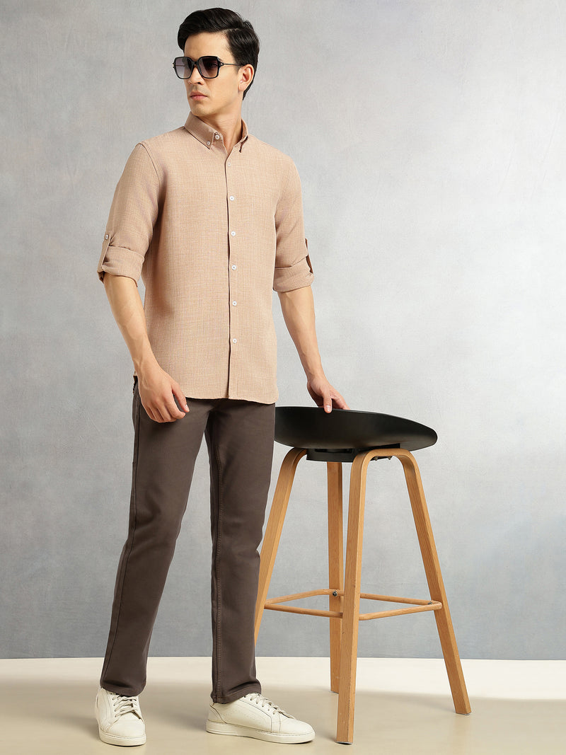 Thomas Scott Men Khaki Slim Fit Long Sleeves Button-Down Collar Polyester Casual Shirt