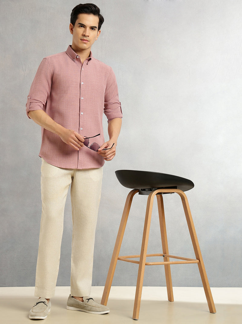Thomas Scott Men Baby Pink Slim Fit Long Sleeves Button-Down Collar Polyester Casual Shirt
