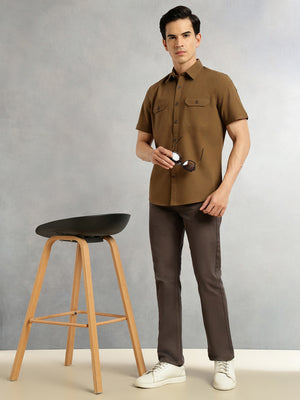 Thomas Scott Men Brown Men Cricket Club Collection Premium Slim Fit Casual Shirt-Dual Flap Pockets With Short Sleeves