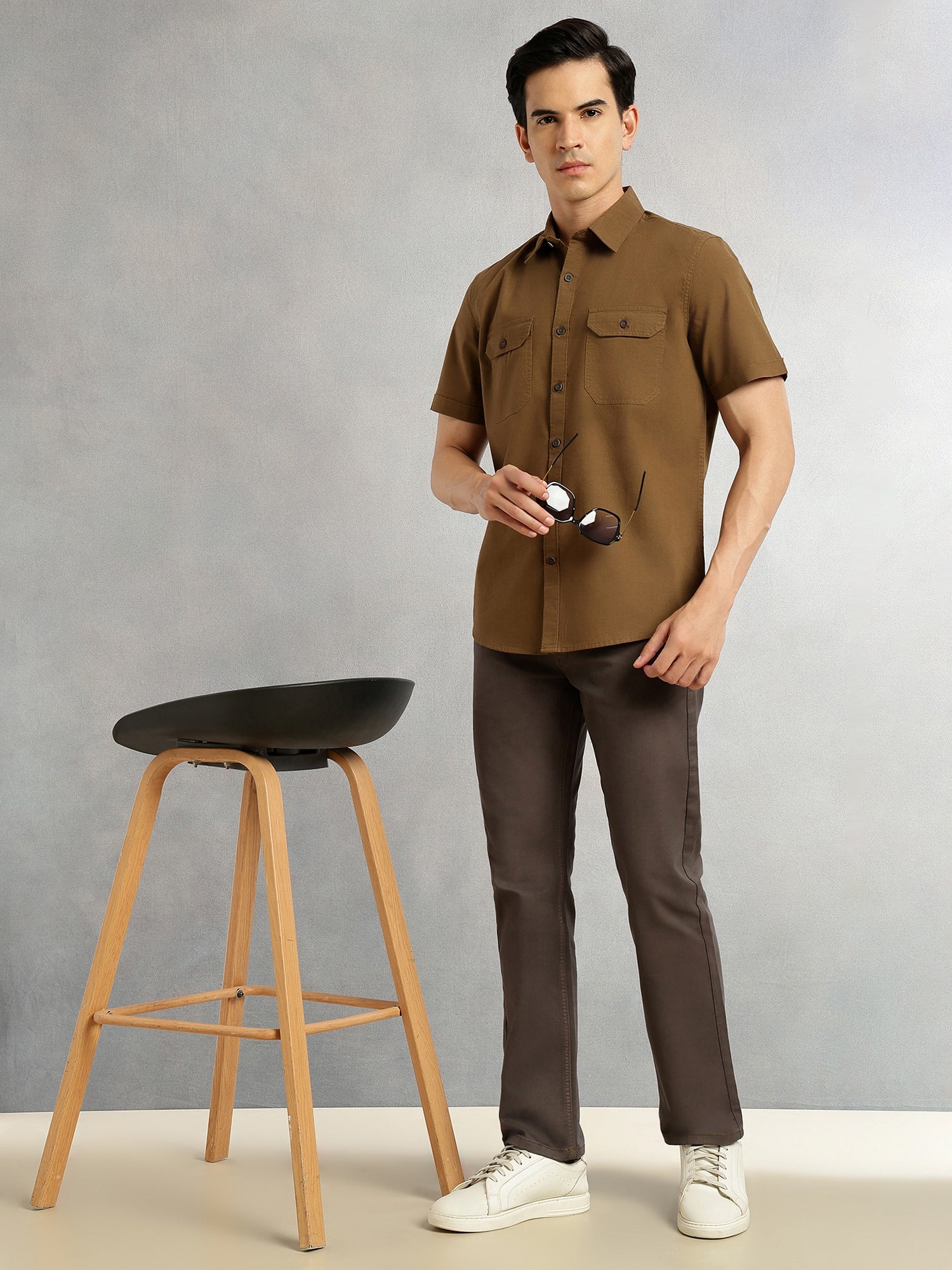 Thomas Scott Men Brown Men Cricket Club Collection Premium Slim Fit Casual Shirt-Dual Flap Pockets With Short Sleeves
