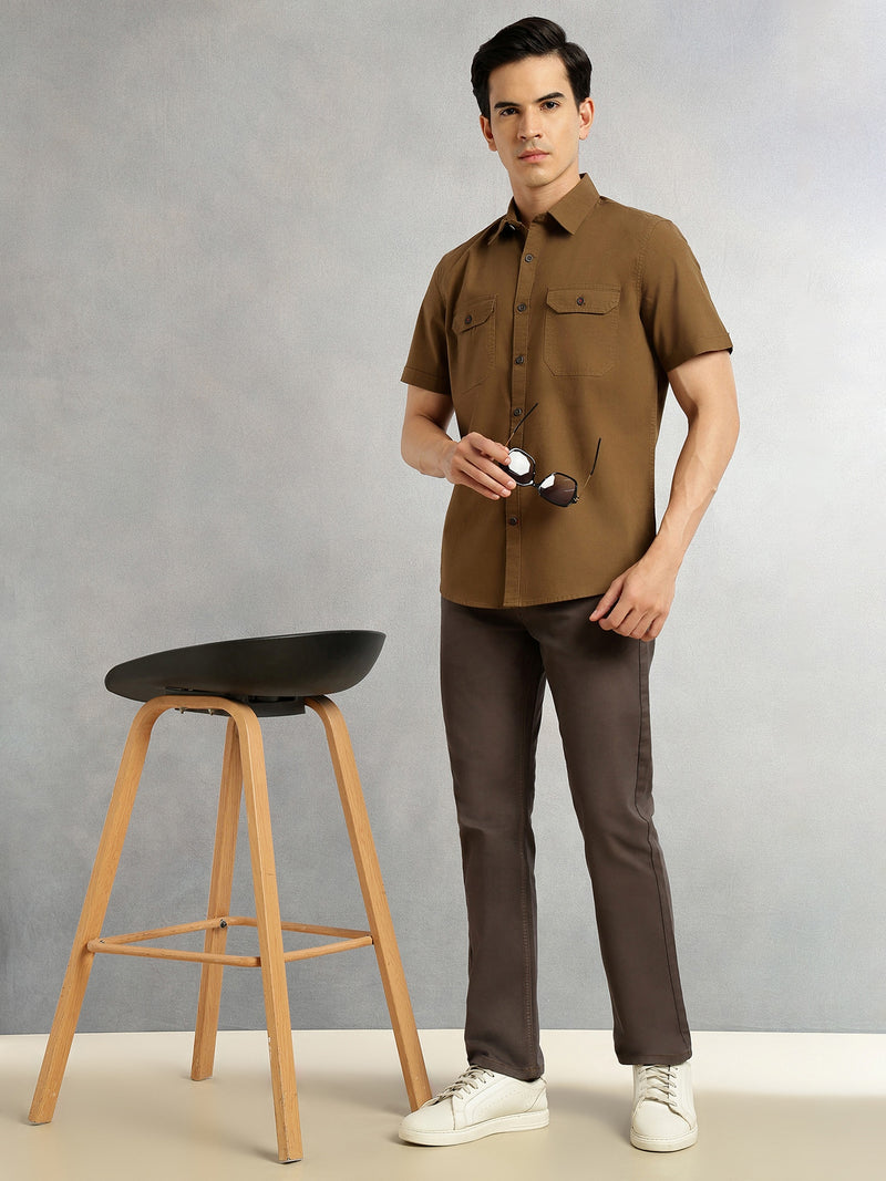 Thomas Scott Men Brown Men Cricket Club Collection Premium Slim Fit Casual Shirt-Dual Flap Pockets With Short Sleeves