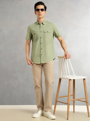 Thomas Scott Men Light Olive Men Cricket Club Collection Premium Slim Fit Casual Shirt-Dual Flap Pockets With Short Sleeves