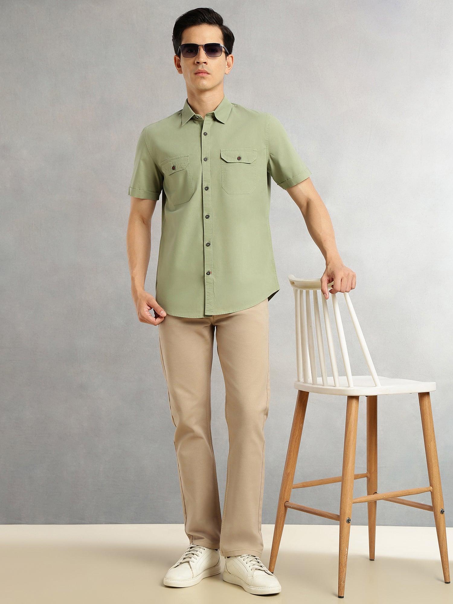 Thomas Scott Men Light Olive Men Cricket Club Collection Premium Slim Fit Casual Shirt-Dual Flap Pockets With Short Sleeves